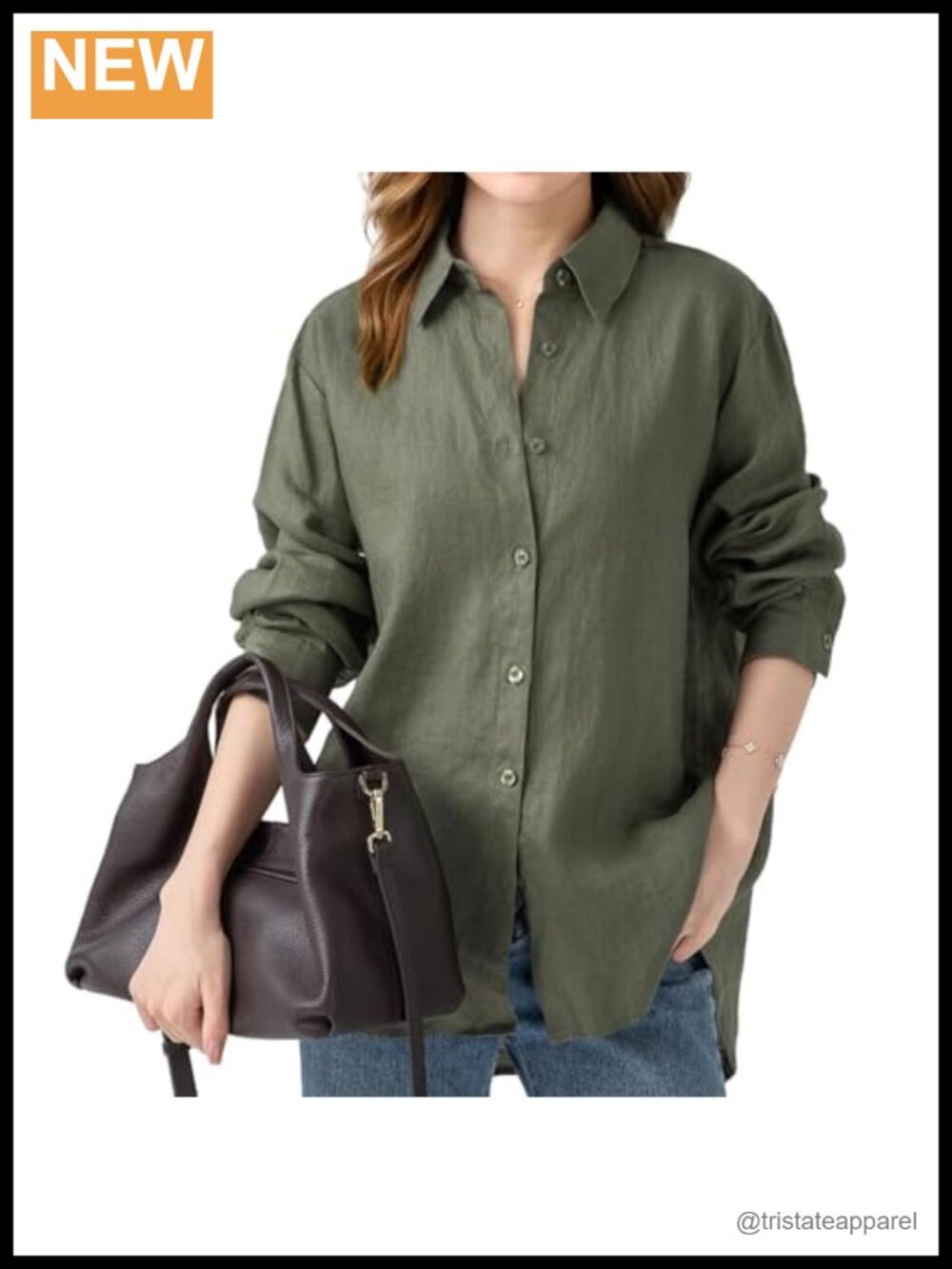 Women's Linen Button Down Shirt Long Sleeve V-Neck Loose Casual Office Top